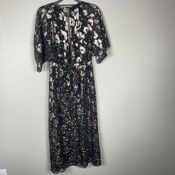 SOLD New BA&SH Lady Dress Floral Metallic Tee Silk Midi V Neck Short Sleeve XS - Picture 7 of 16